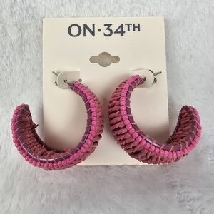 On 34th Bright Pink Seed Bead & Raffia C-Hoop Earrings Post Back